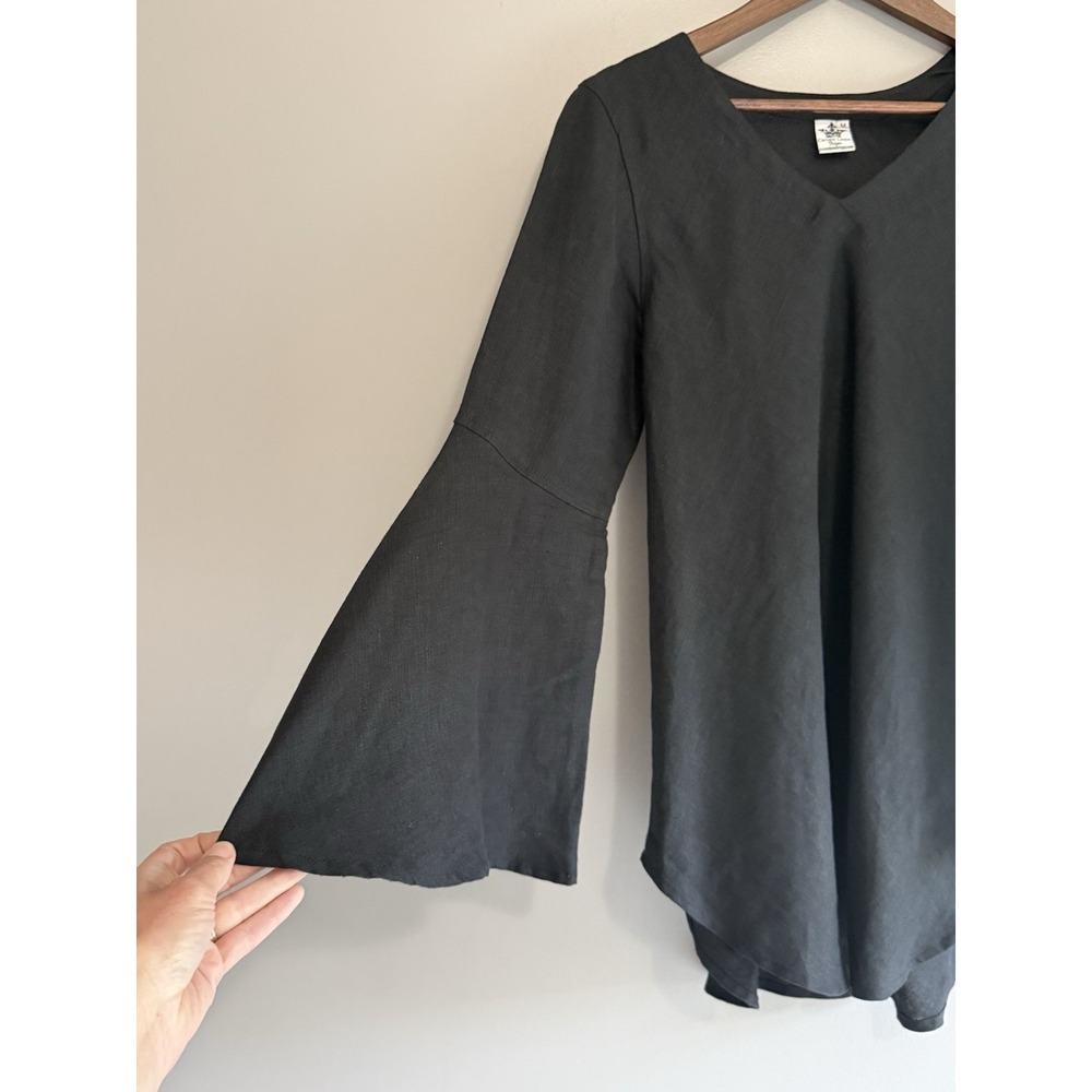 Crown Linen Designs Linen Top Bell Sleeve Black Tunic V Neck Beach Lagenlook M - Picture 13 of 15